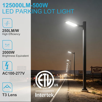 Lightdot 500W LED Parking Lot Lighting 125000Lm 5000K LED Parking Lot Lights with Auto Dusk to Dawn Photocell IP65 Waterproof LED Pole Light with Arm Mount for Parking Lot,Yard,Driveway,Garage-2Pack
