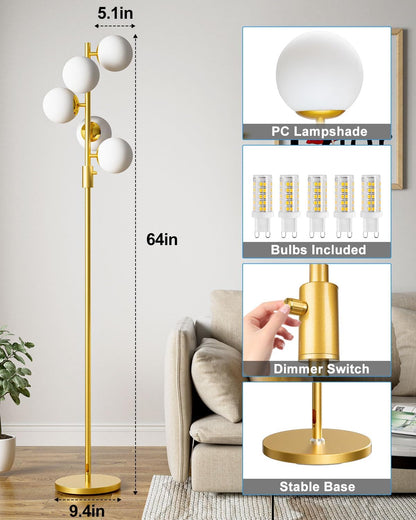 Lightdot Dimmable (Brightness Adjustable) Globe Floor Lamp, Gold Standing Lamps with 3000K G9 Bulbs, Mid Century Modern Floor Lamp for Living Room Bedroom Office