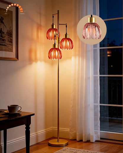 Lightdot 65''  Glass Floor Lamp Dimmable Gold Floor Lamps with Lotus Glass Shade& 3000K Bulbs Included 3-Lights Modern Tall Standing Lamp with 5Lbs Heavy Base for Living Room/Bedroom/Sofa Beside