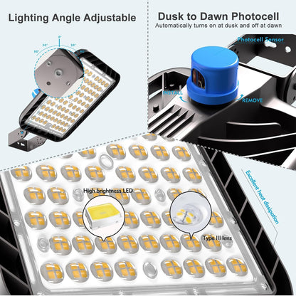 240W LED Parking Lot Lighting 60000LM 5000K Pole Lights Outdoor with Smart Dusk to Dawn LED Parking Lot Lights Trunnion Bracket Mount for 30~50Ft Yard,Driveway,Stadium,Roadway-7Yrs Warranty