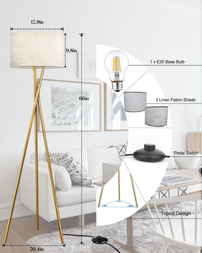 Lightdot Tripod Floor Lamp, Modern Floor Lamp for Living Room, Standing Lamp with Linen Shade, E26 Bulb Included, 66" Tall Floor Lamp for Bedroom, Home Office
