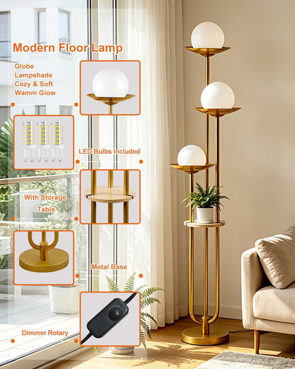 Lightdot Globe Floor Lamp with Shelf 3-Lights Modern Dimmable Floor Lamps for Wedding/Party, 3000K Warm White Bulbs Included, Gold Tall Standing Lamp for Living Room/Bedroom/Sofa Beside/Corner Decor