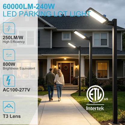 240W LED Parking Lot Lighting 60000LM 5000K Pole Lights Outdoor with Smart Dusk to Dawn LED Parking Lot Lights Trunnion Bracket Mount for 30~50Ft Yard,Driveway,Stadium,Roadway(Black)