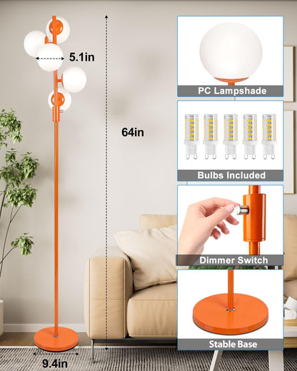 Lightdot 5-Globe Dimmable Globe Floor Lamp Orange Retro Standing Lamps with 5Pcs Bulbs Included Brightness Adjustable Mid Century Modern Floor Lamp with 5Lbs Heavy Base for Living Room/Sofa Beside