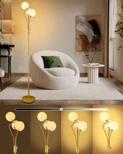 Lightdot 69IN Dimmable Floor Lamp Mid Century Standing Lamps with 2 Globe Soft Warm White Eye Care 3000K Bulbs Included, Modern Tall Lamp for Bedroom Office