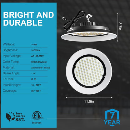 LED High Bay Light with Relfector (Beam Angle:120˚) 165W (200x1W LED) 24750LM High Bay LED Shop Lights,AC100-277V UFO LED High Bay Light More Chips Shorten Currency Longer Uselife