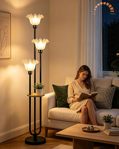 Lightdot Flower Floor Lamp for Living Room Dimmable Vintage Floor Lamp with Shelf& Bulbs Included Mid Century Gold Floral Standing Tall Lamp with 5Lbs Heavy Base for Bedroom/Sofa Beside/Corner Decor