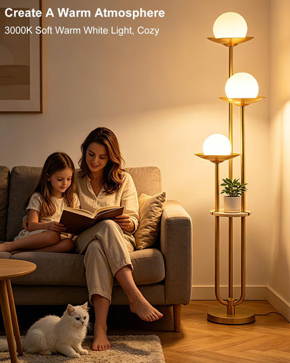 Lightdot Globe Floor Lamp with Shelf 3-Lights Modern Dimmable Floor Lamps for Wedding/Party, 3000K Warm White Bulbs Included, Gold Tall Standing Lamp for Living Room/Bedroom/Sofa Beside/Corner Decor