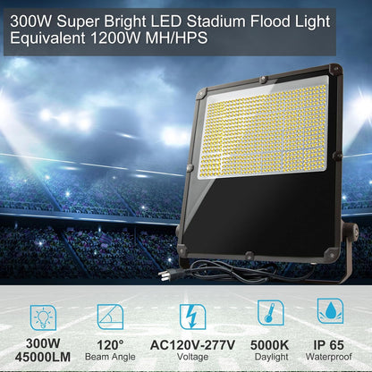Lightdot 300W Outdoor Flood Lights AC100-277V LED Stadium Lights 45000Lm (1200W Eqv.) LED Flood Lights with Photocell, IP65 Waterproof Area Lighting for Backyard/Stadium-4Pack 5Yrs Warranty