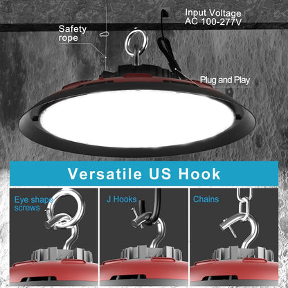 Lightdot LED High Bay Light, High Bay LED Lights, AC100-277V 5000K UFO LED High Bay Shop Light with US Plug for 30-50FT Height Warehoues/Shop/Barn