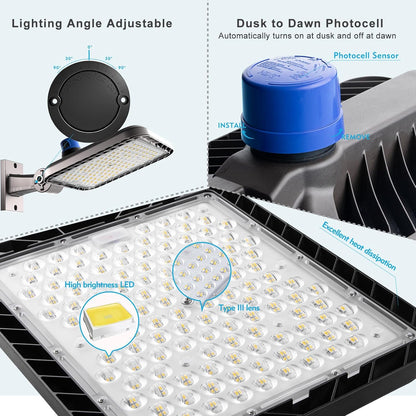 320W(350x1W LED) LED Parking Lot Lights Outdoor 48000LM 5000K Parking Lot LED Lights Commercial, IP65 Led Pole Light Arm Mount with Photocell (Driver Equipped, 7Yrs Warranty)