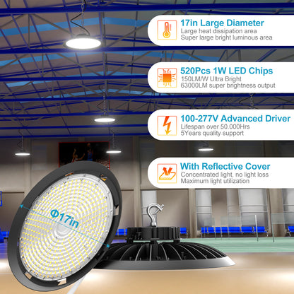 Lightdot 420W LED High Bay Light Fixtures 63000lm 5000K Daylight High Bay LED Shop Light, AC100-277V UFO Commercial Lighting for 30-60FT Height Warehouse-4Pack