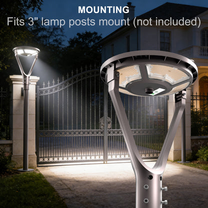 Lightdot Solar LED Post Top Lights Circular Area Light 5000K LED Parking Lot Light with Photocell, Outdoor Pole Lights Fixture for Garden Yard Street Lighting