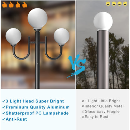 Lightdot 79" Outdoor Lamp Post Light with Triple Head, Modern Stable Light Post Outdoor Hardwired Waterproof Black Aluminum Street Pole Lights for Garden Driveway Backyard Patio Walkway (Bulbs Included)