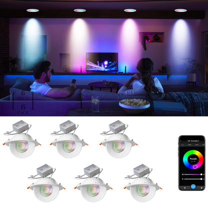Lightdot 6IN Smart WiFi LED Recessed Lighting Gimbal and Downlight, 6 Pack Canless Ceiling Lights RGBCW Color Changing 12W 1200LM Dimmable, Compatible with Alexa/Google-IC Rated ETL Certified
