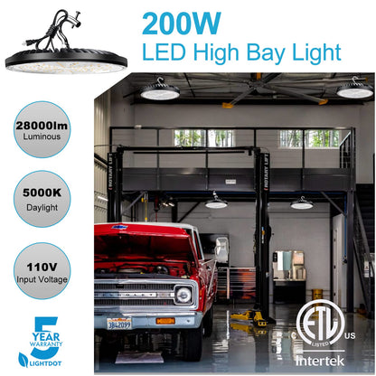 Lightdot 200W LED High Bay Light for Warehouse 5000K Daylight,ETL Listed High Bay LED Lights with Plug Energy Saving Up to 760KW*6/Y(5Hrs/Day)