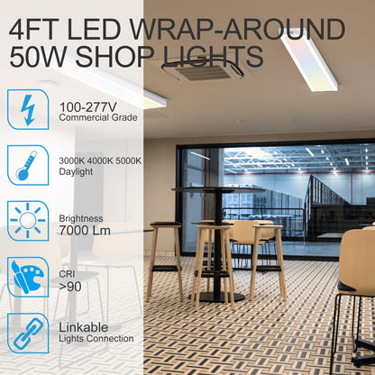 Lightdot 4ft LED Flush Mount Shop Light Fixture, 50W Linear Office Ceiling Light Fixtures, 7000LM 5000K Led Wrap-Around Shop Lights