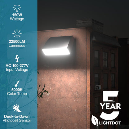 Lightdot 150W Ultra Bright LED Wall Pack Light, 22,500LM 5000K Adjustable Dusk-to-Dawn Security Light with Photocell, ETL Listed IP65 Waterproof for Warehouse, Yard, Garage
