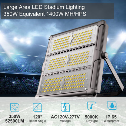 Upgrade 350W (360x1W LED) Outdoor Flood Lights AC100-277V LED Stadium Lights 52500Lm (1400W Eqv.) LED Flood Lights with 3 Modules, IP65 Waterproof Area Lighting with Adjustable U Bracket-4Pack