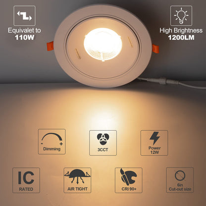 Lightdot 12 Pack 6 Inch LED Gimbal Recessed Lighting, 360°+90° Adjustable, 3CCT Selectable & Dimmable (5%-100%), 1300LM Ultra Bright Canless Light, ETL/FCC Certified for Living Room/Kitchen