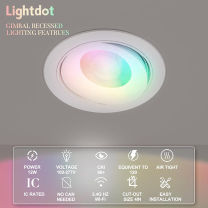Lightdot 6IN Smart WiFi LED Recessed Lighting Gimbal and Downlight, 6 Pack Canless Ceiling Lights RGBCW Color Changing 12W 1200LM Dimmable, Compatible with Alexa/Google-IC Rated ETL Certified