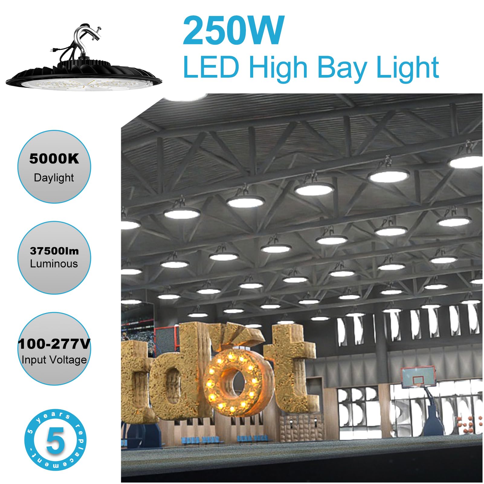 Superyofo 2-Pack 250W UFO LED High Bay Lights - 30000LM, 6000K Daylight, For Garage & Warehouse
