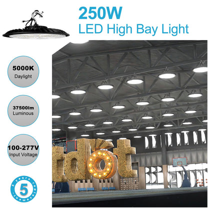 Lightdot 250W LED High Bay Light 37500lm Commercial Bay Lighting, AC100-277V UFO LED High Bay Shop Light, High Bay LED Light Suit for 30~40Ft Height