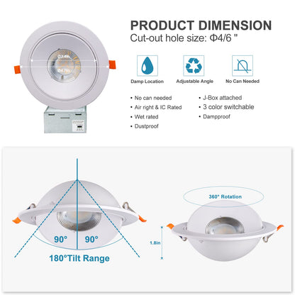 Lightdot 12 Pack 6 Inch LED Gimbal Recessed Lighting, 360°+90° Adjustable, 3CCT Selectable & Dimmable (5%-100%), 1300LM Ultra Bright Canless Light, ETL/FCC Certified for Living Room/Kitchen