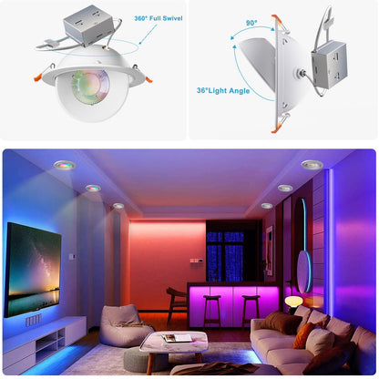 Lightdot 6IN Smart WiFi LED Recessed Lighting Gimbal and Downlight, 6 Pack Canless Ceiling Lights RGBCW Color Changing 12W 1200LM Dimmable, Compatible with Alexa/Google-IC Rated ETL Certified