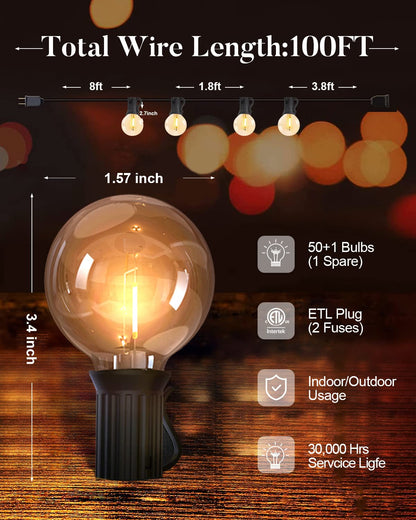 Lightdot 100FT Outdoor String Lights, LED Bistro String Lights with Shatterproof G40 Vintage Bulbs, 2200K Dimmable, Waterproof Hanging Lights for Porch, Deck, Garden, Backyard, Balcony - ETL Listed