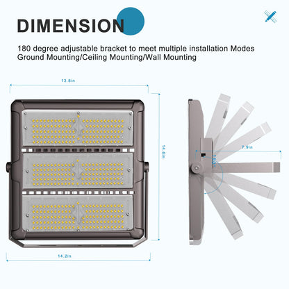 Upgrade 350W (360x1W LED) Outdoor Flood Lights AC100-277V LED Stadium Lights 52500Lm (1400W Eqv.) LED Flood Lights with 3 Modules, IP65 Waterproof Area Lighting with Adjustable U Bracket-4Pack