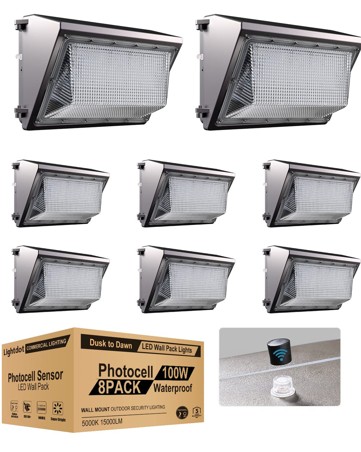 Led 8 Pack Lightdot 100W LED Wall Pack Lights with Dusk to Dawn Photocell Outdoor