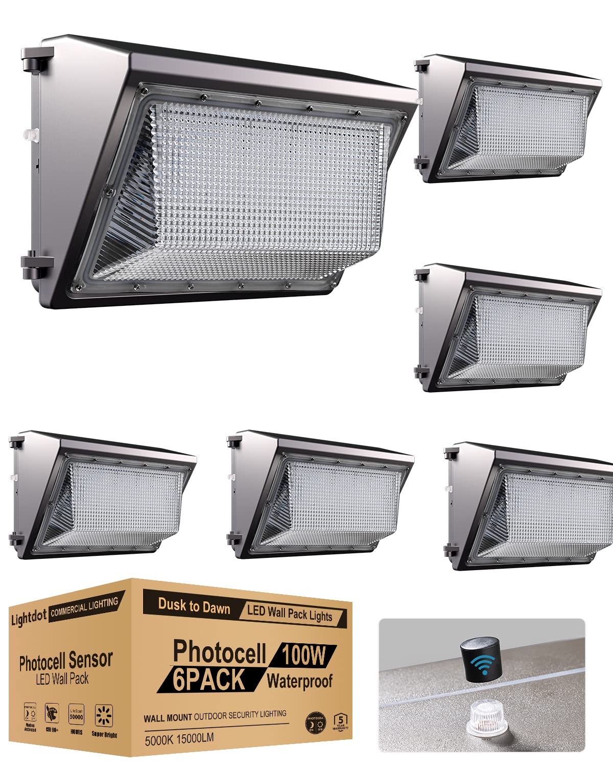 Lightdot 100W LED Wall Pack Lights, 100-277v Dusk to Dawn with Photoce