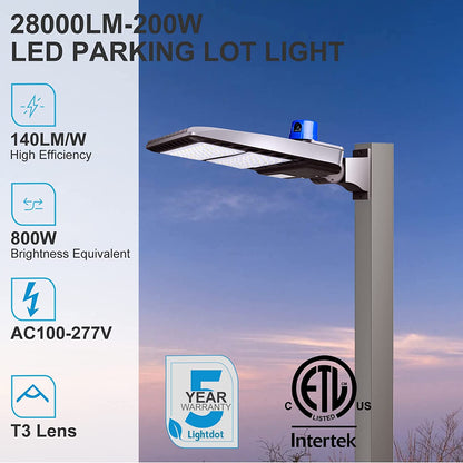 Lightdot 200W LED Parking Lot Lights 28000LM Arm Mount, ETL Listed, 5000K, Dusk to Dawn Photocell
