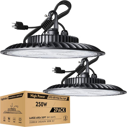 Lightdot 250W LED High Bay Light 35000lm (Eqv.1000W MH/HPS) Commercial Bay Lighting, 5000K Daylight LED UFO High Bay, 5‘ Cable with US Plug High Bay LED Light for Garage/Barn/Warehouse