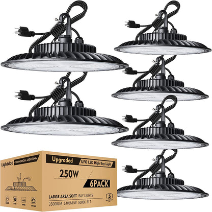 Lightdot 250W LED High Bay Light 35000lm (Eqv.1000W MH/HPS) Commercial Bay Lighting, 5000K Daylight LED UFO High Bay, 5‘ Cable with US Plug High Bay LED Light for Garage/Barn/Warehouse