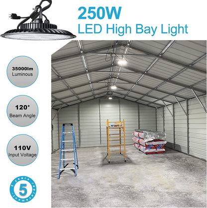 Lightdot 250W LED High Bay Light 35000lm (Eqv.1000W MH/HPS) Commercial Bay Lighting, 5000K Daylight LED UFO High Bay, 5‘ Cable with US Plug High Bay LED Light for Garage/Barn/Warehouse