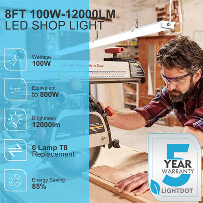 Compact 8FT LED Shop Light, 100W LED Wrap-Arround Lights Fixture with 5ft Switch Power Cord, Plug and Play 12000Lm