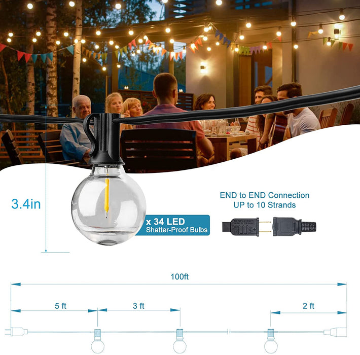 Lightdot 100ft Globe Outdoor Lights String, Dimmable LED Patio String Light with 34 G40 Shatterproof Bulbs