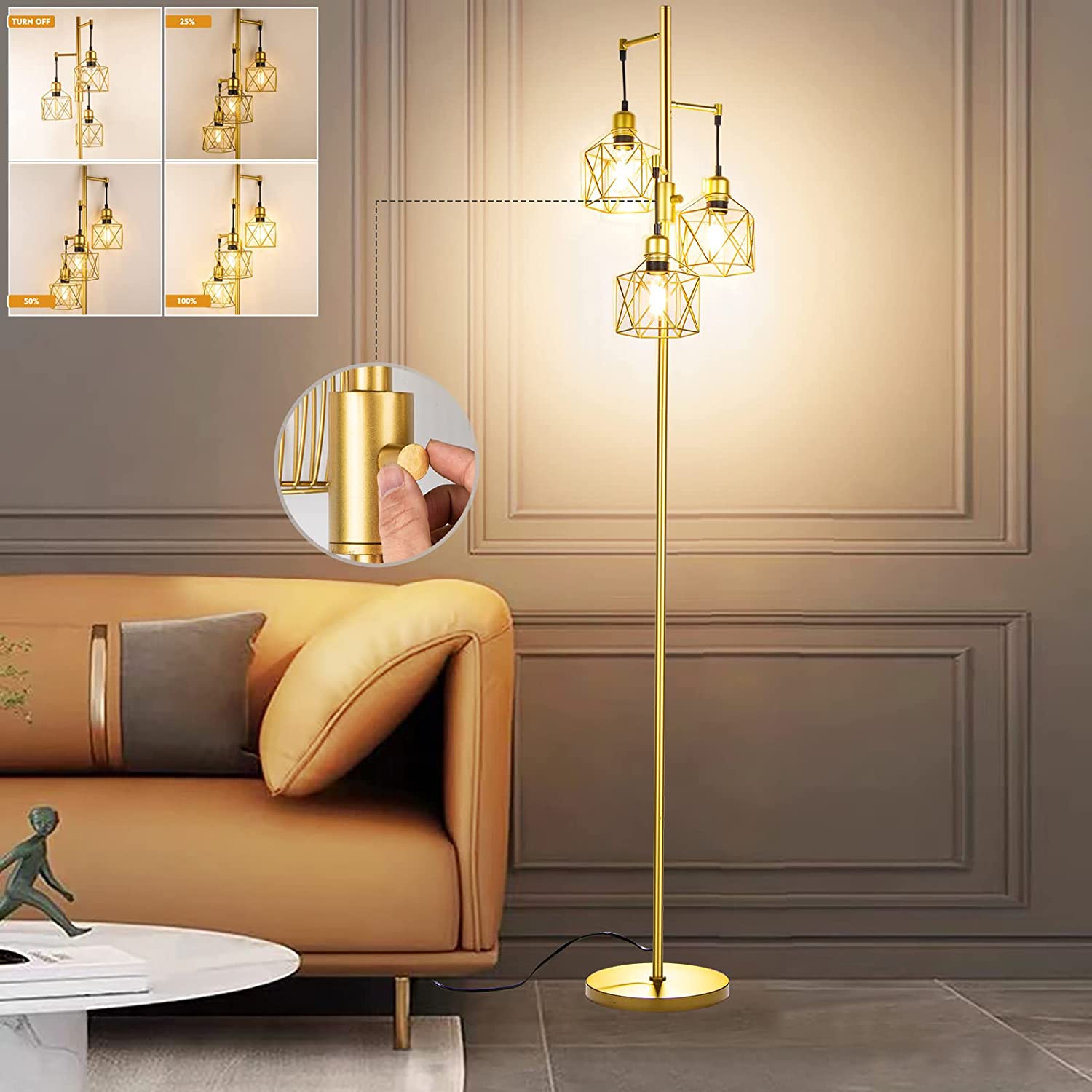 Dimming Floor Lamp For Living Room Gold Floor Lamp For Living Room, Tall Standing Lamp 55-65" Adjustable Modern Brass Floor Lamps For Bedroom Reading Office Kids 3 Color Lights Corner Night Stand