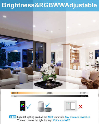 Lightdot Smart Recessed Lighting 6 inch, 12W 1200LM Dimmable Retrofit LED Can Lights Color Changing Ceiling Downlight WiFi App Control LED Recessed Lights Work