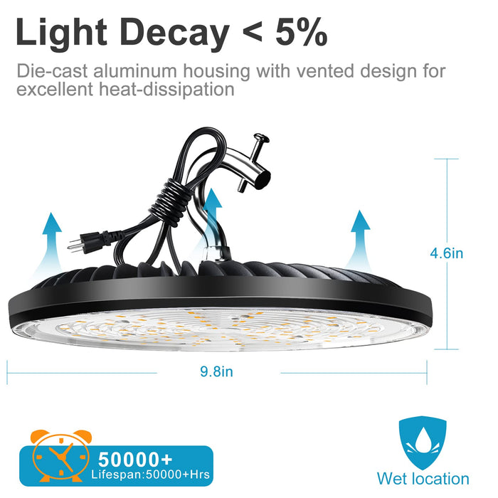 Lightdot 100W UFO LED High Bay Light for Warehouse 5000K Daylight,ETL Listed High Bay LED Lights with Plug Energy Saving Up to 760KW*6/Y(5Hrs/Day) -6Pack