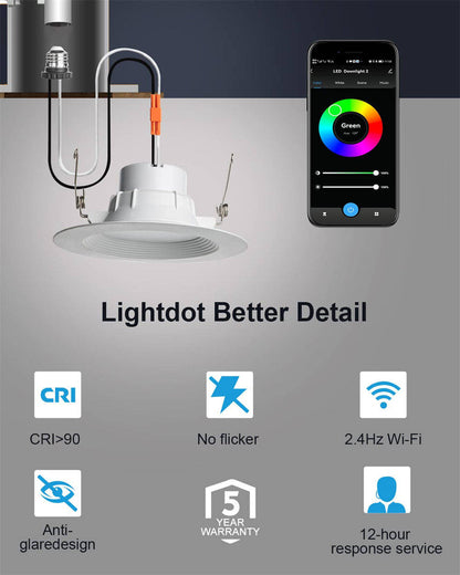 Lightdot Smart Recessed Lighting 6 inch, 12W 1200LM Dimmable Retrofit LED Can Lights Color Changing Ceiling Downlight WiFi App Control LED Recessed Lights Work